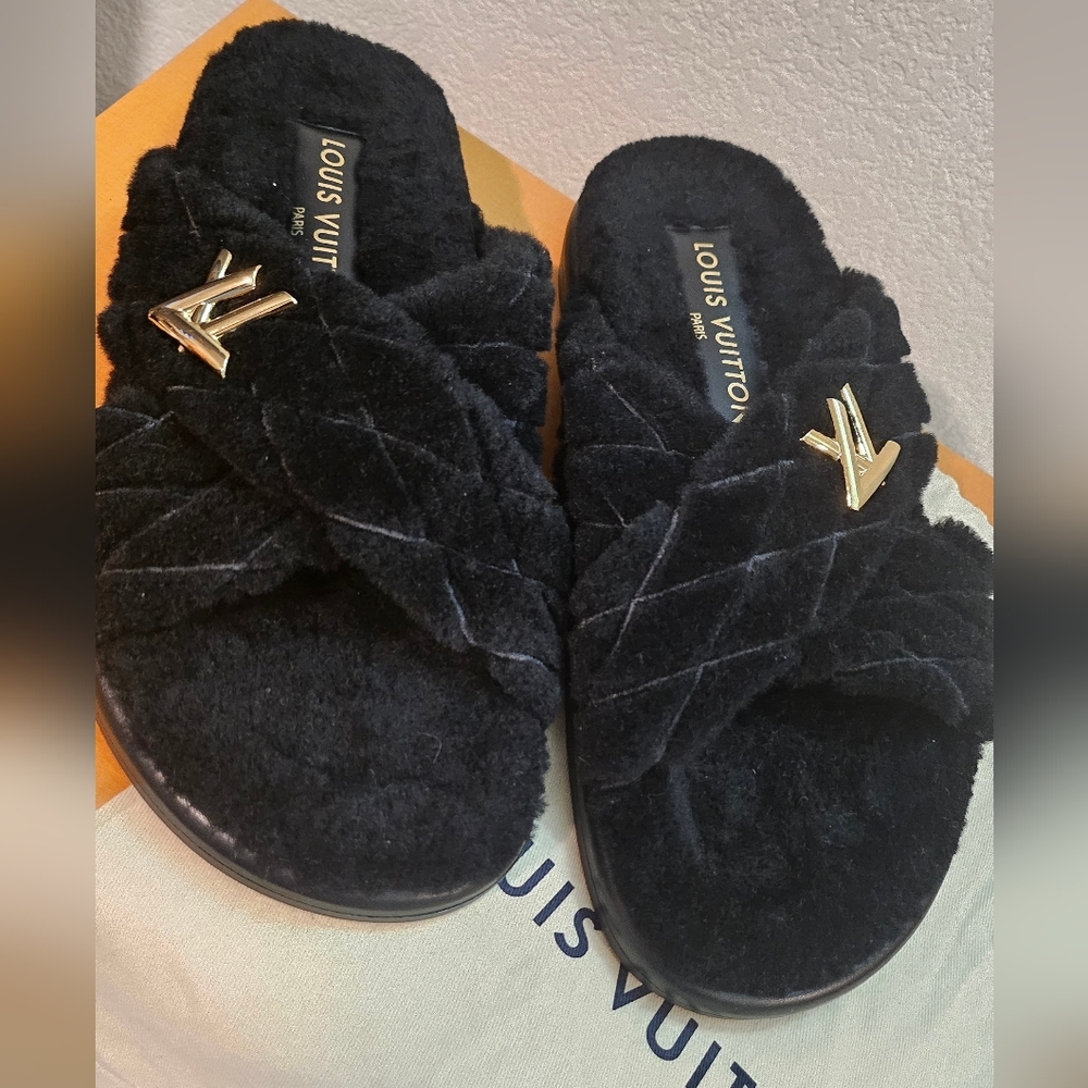 Louis Vuitton Black Fur Slides